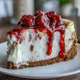 A creamy Indulgent White Chocolate Raspberry Cheesecake Bliss with a buttery graham cracker crust and vibrant red swirls. 