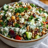 A close-up of a Mediterranean Farro Bowl with tahini dressing drizzled over fresh veggies and chickpeas. 