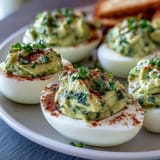 Creamy avocado deviled eggs with fresh herbs, a vibrant spring appetizer perfect for parties and gatherings.