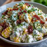 A colorful bowl of Creamy Corn Salad with Jalapeño features juicy tomatoes, crunchy peppers, and a smoky, creamy lime dressing.