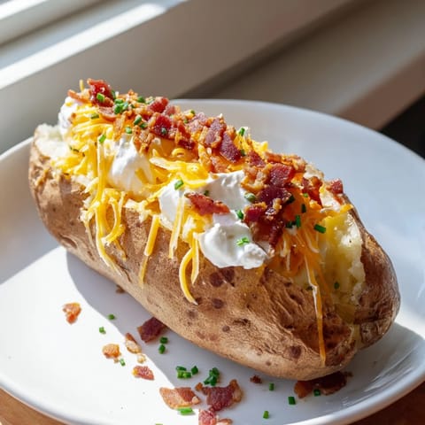 Indulgent Loaded Baked Potato, boasting creamy sour cream, cheddar, and bacon, a classic American comfort food.