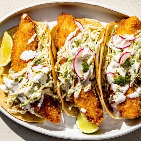 Close-up photo of delicious fish tacos featuring flaky white fish and a squeeze of lime juice.