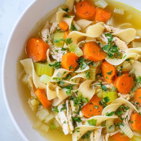 Steaming hot Chicken Noodle Soup, brimming with tender chicken, noodles, and vibrant vegetables.