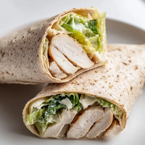 Juicy grilled chicken slices fill a Chicken Caesar Wrap, ready for a delicious lunch.