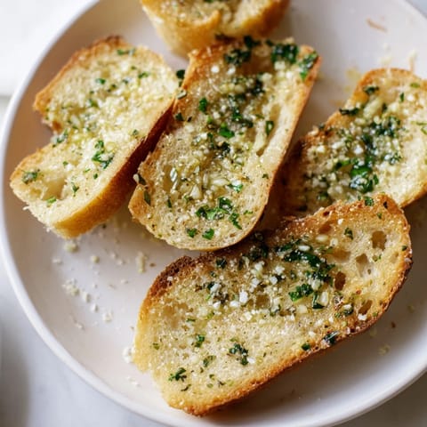 Golden brown Garlic Bread slices, crispy on the outside, ready to be enjoyed with a hearty Italian meal.