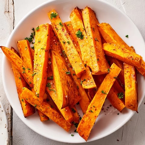 Oven-baked sweet potato fries, offering a naturally sweet and savory taste experience for everyone.