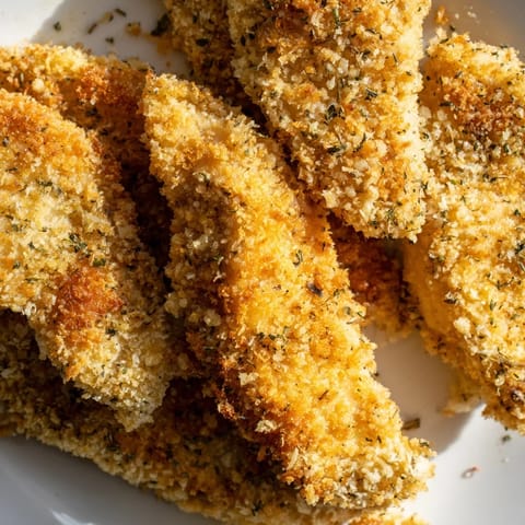 Golden Crispy Panko Chicken Strips lined up on a baking sheet with herbs and garlic powder nearby.