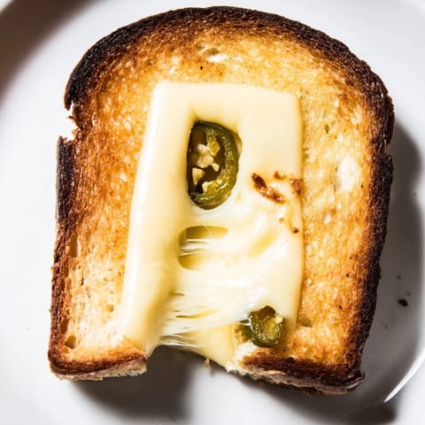 A close-up of the gooey, spicy cheddar jalapeño grilled cheese resting on a rustic wooden board with tomato soup.