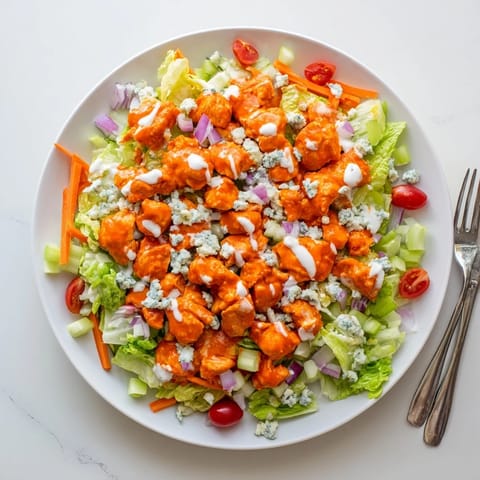 This Buffalo Chicken Chopped Salad features a generous topping of crumbled blue cheese and a drizzle of creamy ranch dressing for a zesty flavor.