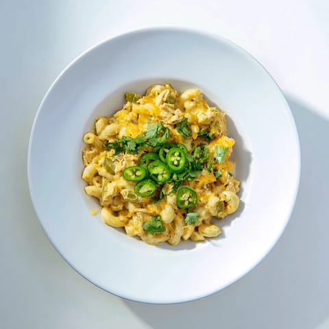 A hearty serving of Green Chili Chicken Mac plated in a rustic bowl, garnished with fresh cilantro and optional jalapeño slices for a Southwest kick.