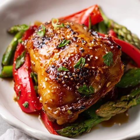 Tender bite-sized chicken and crisp bell peppers glistening with a sweet-savory sauce, pulled hot from the oven and garnished with fresh parsley and sesame seeds.