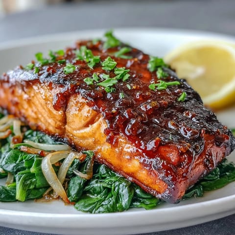 Four baked miso salmon fillets rest on a bed of vibrant green sautéed spinach, garnished with fresh ginger and lemon wedges for serving.