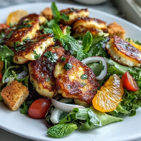 Slices of golden-fried halloumi and juicy blood orange mingle with crisp sourdough croutons atop a bed of greens in this vibrant Halloumi Blood Orange Fattoush salad.