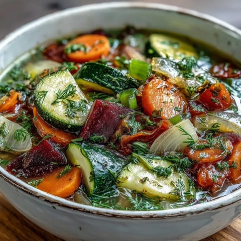 A steaming bowl of Rainbow Vegetable Detox Soup, filled with vibrant beetroot, carrots, zucchini, and fresh herbs in a rich broth.  