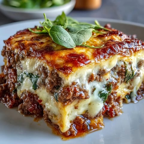 A close-up of the High Protein Italian Beef and Pasta Bake, with melted mozzarella and Parmesan cheese bubbling over whole wheat pasta and hearty beef.