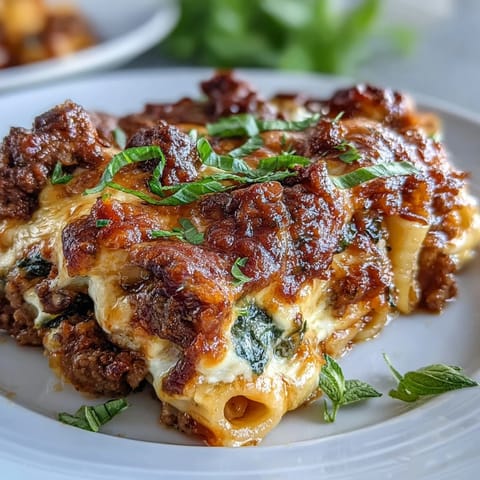 Serving suggestion for the High Protein Italian Beef and Pasta Bake, a family-friendly Italian-American casserole garnished with fresh basil and turkey pepperoni.