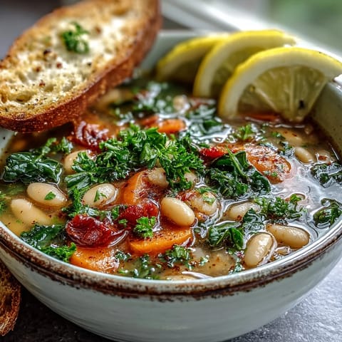 A close-up of a steaming bowl of Mediterranean White Bean Stew, featuring creamy beans, diced carrots, and red bell peppers simmered in a rich olive oil broth.  