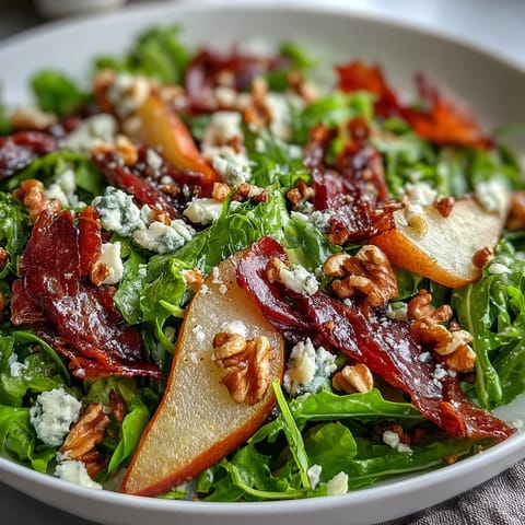 Crispy prosciutto shards top a bowl of frisée, pear, blue cheese, and toasted walnuts tossed in tangy vinaigrette.