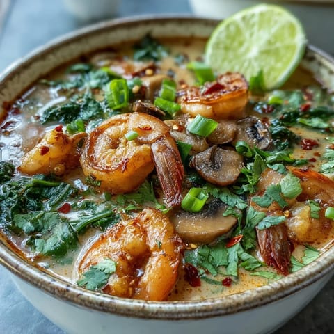Freshly prepared Thai Coconut Shrimp Soup garnished with cilantro, green onions, and lime wedges in a rustic bowl.