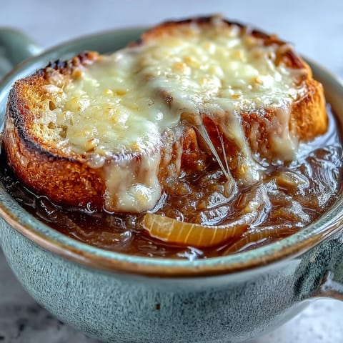 Caramelized onions and bubbly cheese topping on French Onion Soup in a rustic bowl.