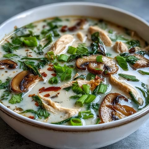 Golden-brown chicken slices and white mushrooms float in a creamy white coconut broth, garnished with fresh cilantro and green onions, served alongside steamed jasmine rice and lime wedges. 
