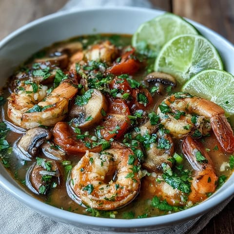 Tom Yum Soup simmering in a pot with vibrant red chiles and fresh aromatic herbs.