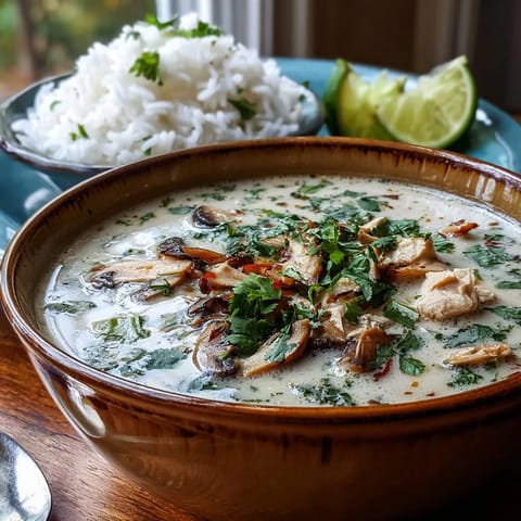 Creamy Tom Kha Soup with tender chicken and mushrooms in a fragrant coconut broth.