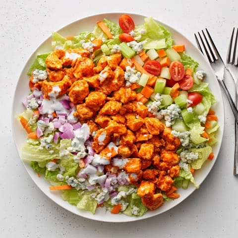 A close-up of a vibrant Buffalo Chicken Chopped Salad, showcasing juicy, sauced chicken pieces atop crisp romaine lettuce with diced celery and carrots.