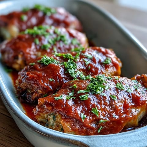 Hearty Eastern European cabbage rolls bubbling with savory meat and rice filling under a glossy tomato glaze.