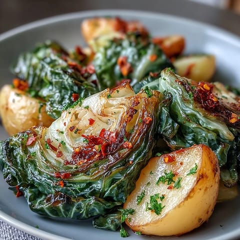 Tender Braised Cabbage With Potatoes and Chili in a rustic bowl, served hot alongside crusty bread for dipping.