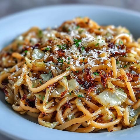 Freshly grated Parmesan melting into Cabbage Pasta With Garlic and Parmesan tossed with golden, caramelized cabbage.