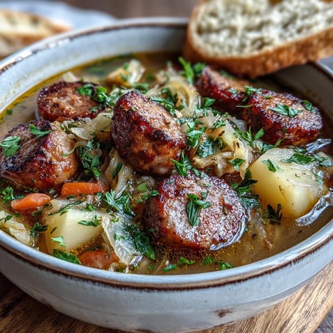 Hearty Sausage, Potato and Cabbage Soup ladled into rustic bowls, topped with fresh parsley and served with crusty bread.