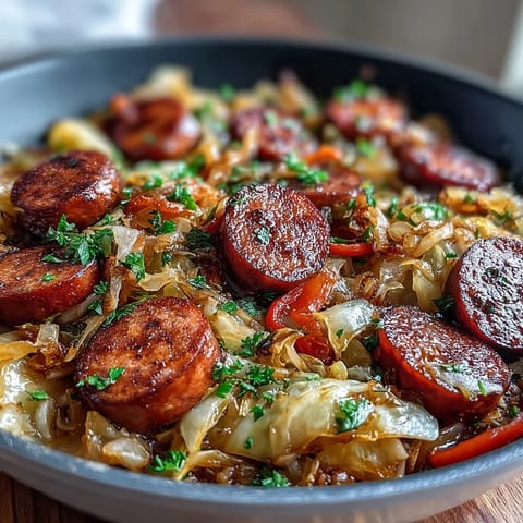 Fork-tender green cabbage caramelizes around smoky kielbasa slices in this cozy, one-pan skillet dinner.