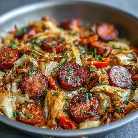 Sizzling andouille sausage pieces nestle into sweet cabbage and onions, served steaming hot from the skillet.