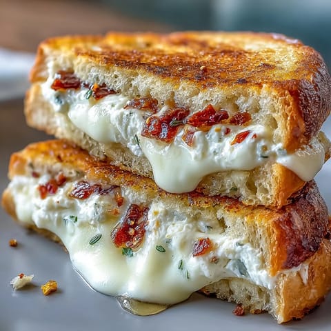 Sizzling grilled cheese sandwich stacked high, featuring tangy chèvre, sweet honey drizzle, and a vibrant pinch of chili flakes. 