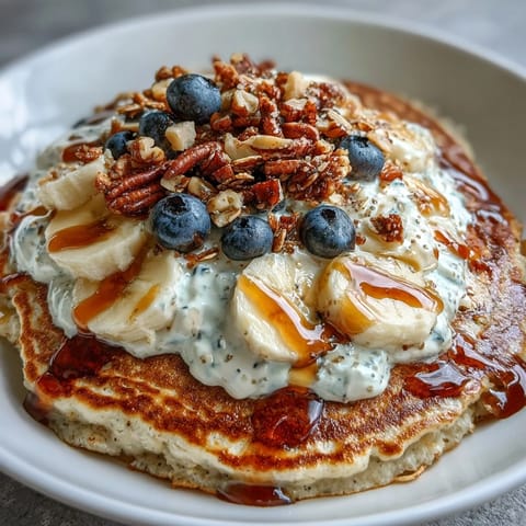 Golden brown Protein Pancake Bowl with Greek yogurt, fresh berries, and crunchy nuts.