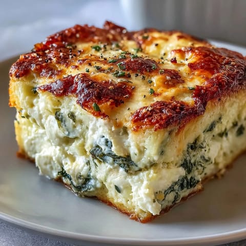A plated slice of High Protein Spinach Artichoke Bake showing the fluffy egg custard texture and chopped artichoke hearts.