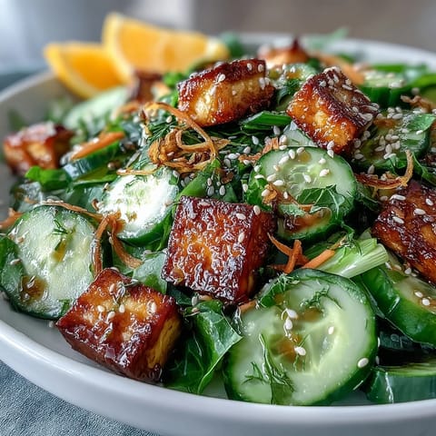 Creamy Asian Cucumber Salad with Crispy Tofu is plated on white, garnished with sesame seeds and green onions.