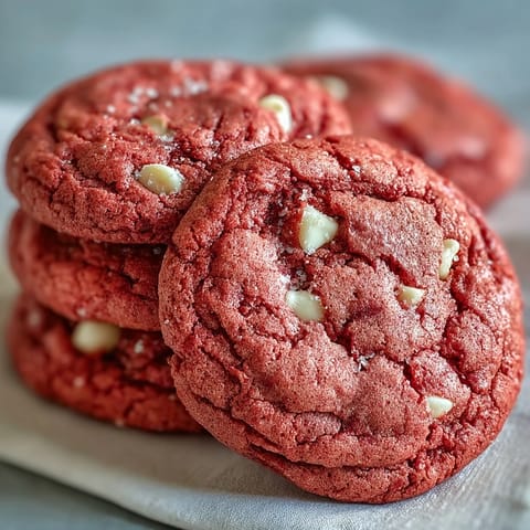 Stack of soft Pink Velvet Cookies showing vibrant pink hue and gooey white chocolate chunks.