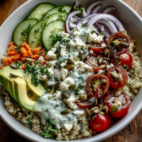 A finished Simple Grain Bowl with brown rice, chickpeas, avocado, tomatoes, and feta, drizzled with lemony dressing.