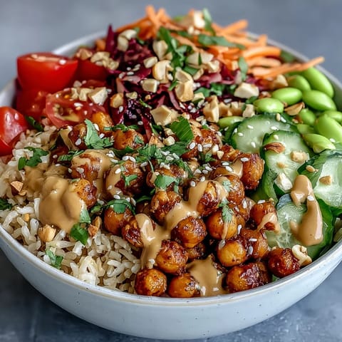 Crispy roasted chickpeas and fresh veggies in a vibrant Peanut Chickpea Protein Bowl, drizzled with creamy sauce.