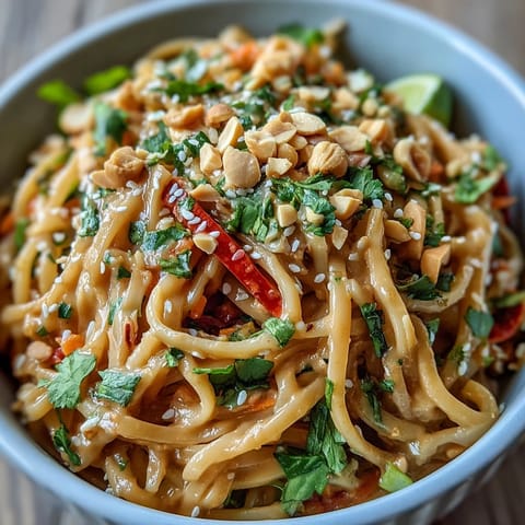 Freshly cooked rice noodles tossed with crisp julienned carrots, red cabbage, and bell peppers in a creamy Asian Peanut Noodle Bowl.
