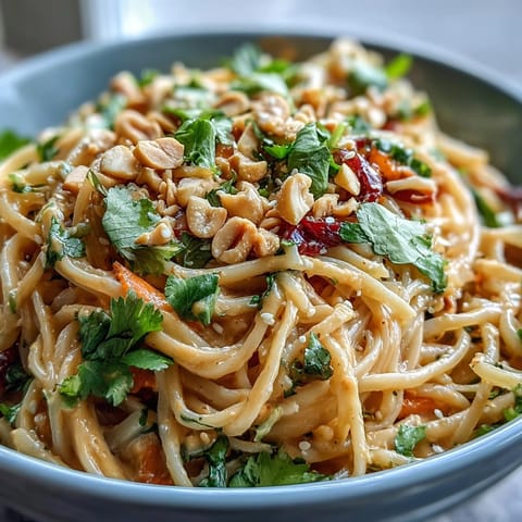 A close-up of Asian Peanut Noodle Bowl garnished with roasted peanuts, sesame seeds, and lime wedges on a ceramic plate.