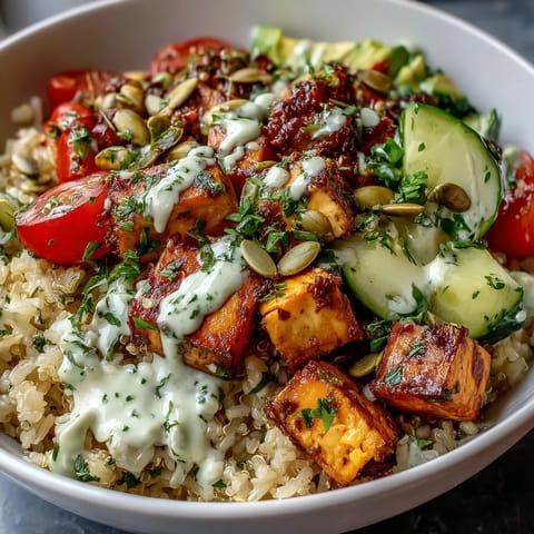 A vibrant Customizable Grain Bowl with brown rice, roasted chicken, and fresh veggies topped with creamy tahini dressing.