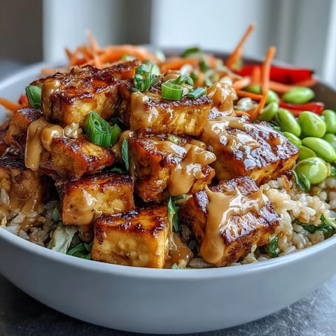 Crispy golden tofu cubes are arranged over a vibrant bed of brown rice with colorful carrot, bell pepper, and cabbage. The creamy peanut sauce is drizzled over this nourishing Peanut Tofu Power Bowl.
