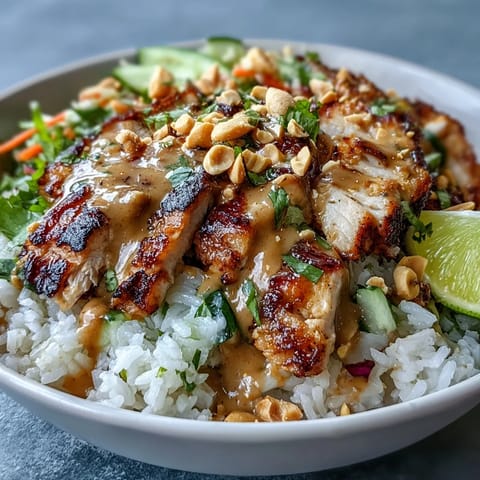 Tender grilled chicken slices rest on coconut rice with crisp cabbage, carrots, and cucumber, finished with a luscious peanut drizzle and lime wedges.
