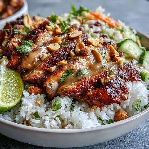 Fluffy coconut rice topped with grilled chicken, vibrant fresh veggies, and chopped peanuts, all drizzled with a creamy peanut sauce for a flavorful bowl.
