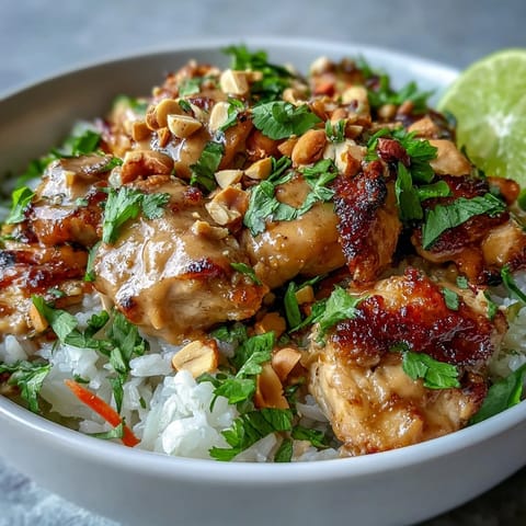 Thai Peanut Chicken Bowl with fluffy coconut rice, tender chicken, crisp veggies, and spicy peanut sauce.