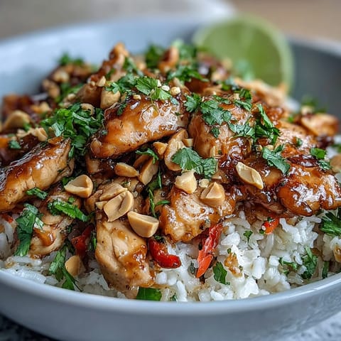 A colorful Thai Peanut Chicken Bowl garnished with cilantro, peanuts, and lime, ready for dinner.