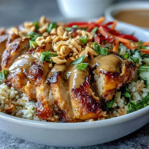 Tender baked chicken, crisp veggies, and creamy peanut sauce top a hearty grain base in this vibrant Peanut Chicken Power Bowl.